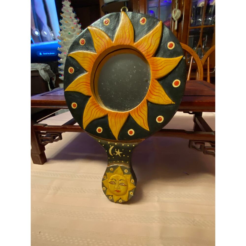 BoHo Sun Burst Designs Hand or Hanging MIRROR Hand painted Carved Wood 11.75 in
